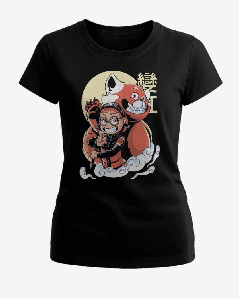 Polera de Mujer Negro de Panda Rojo de Nueve Colas