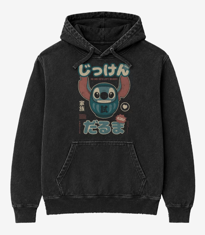 Poleron Canguro Acid Wash Negro de Stich Daruma