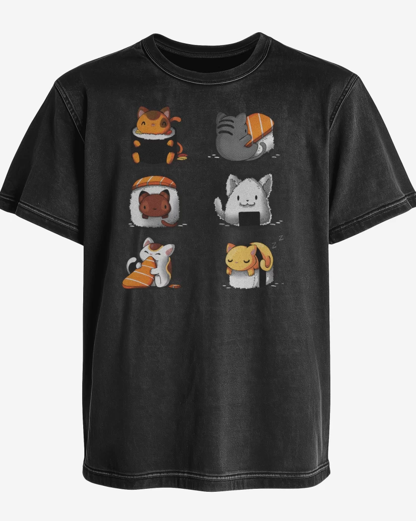 Polera desgastada Negro de Sushi Gatitos