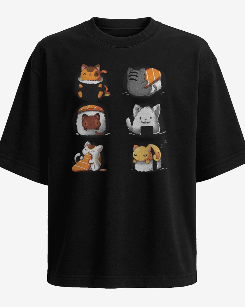 Polera Oversize Negro de Sushi Gatitos