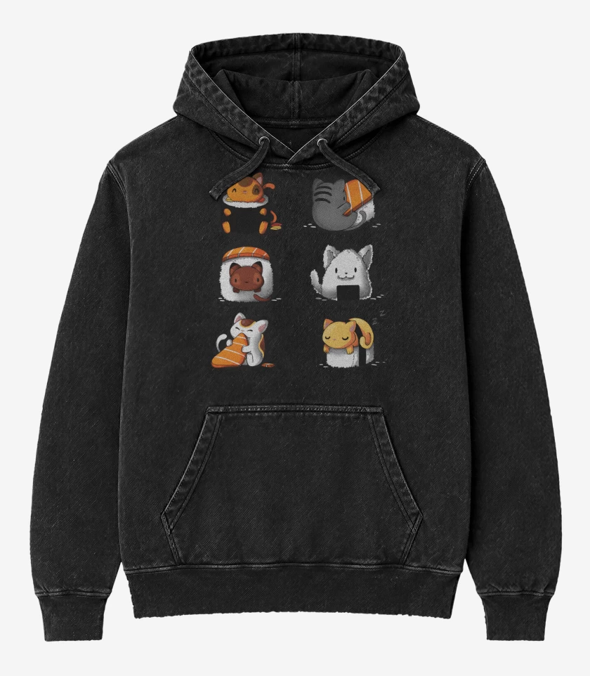 Poleron Canguro Acid Wash Negro de Sushi Gatitos