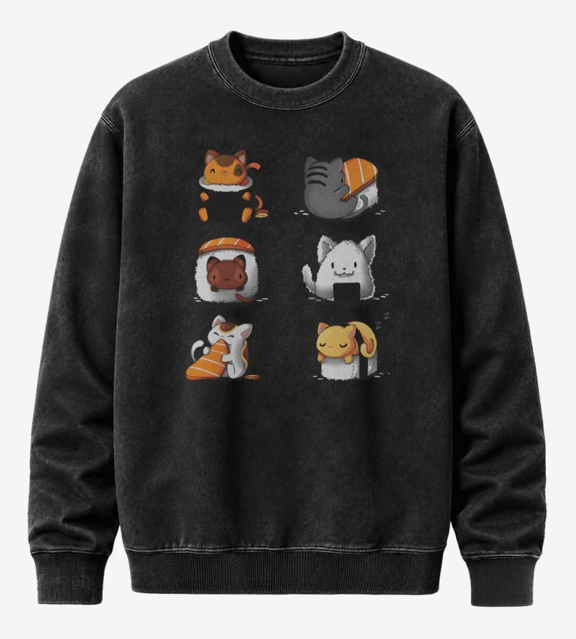 Poleron Polo Acid Wash Negro de Sushi Gatitos