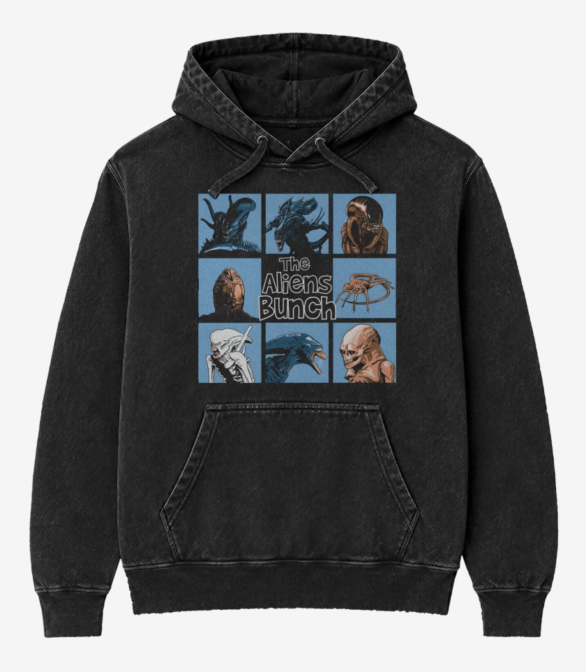 Poleron Canguro Acid Wash Negro de Los Aliens