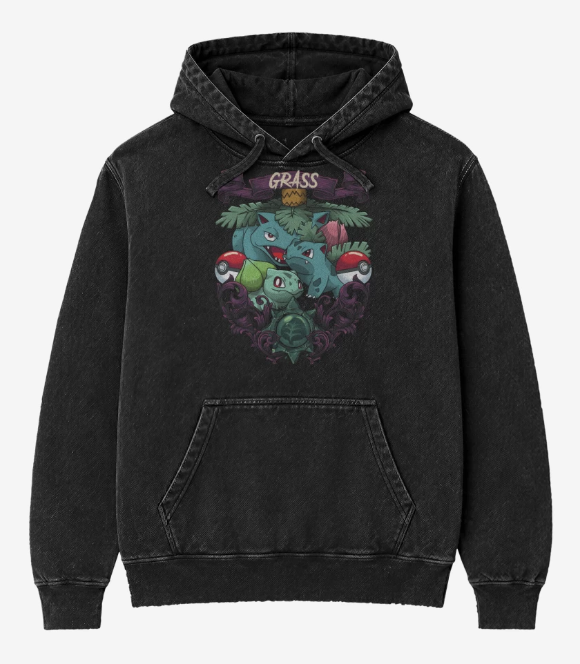 Poleron Canguro Acid Wash Negro de Monstruos de Planta