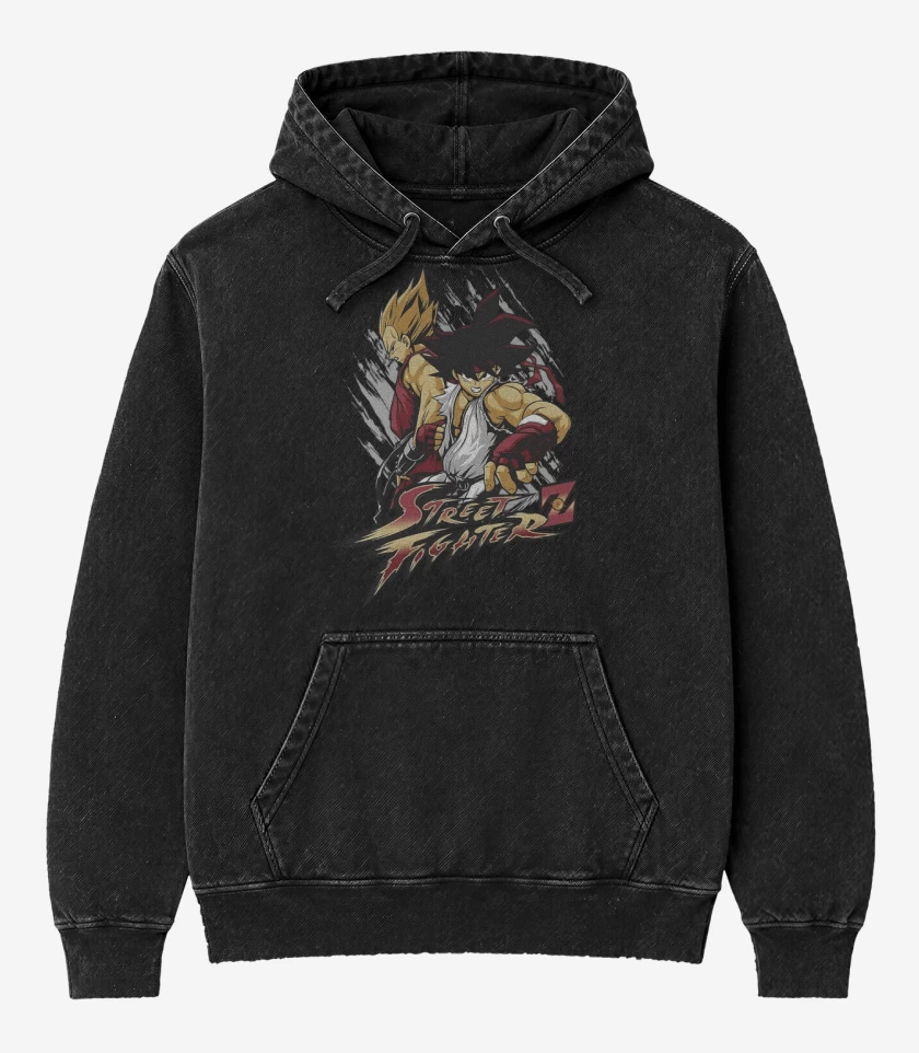 Poleron Canguro Acid Wash Negro de Street Fighter Z