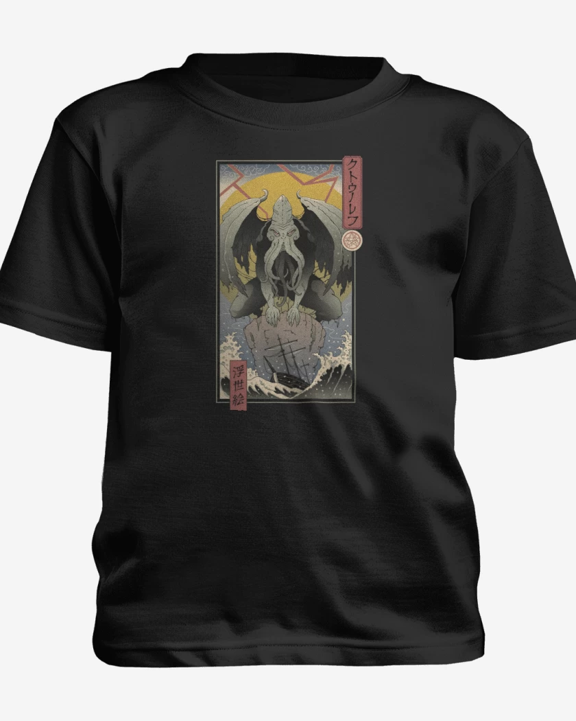 Polera de niño Negro de Cthulhu Ukiyo-e