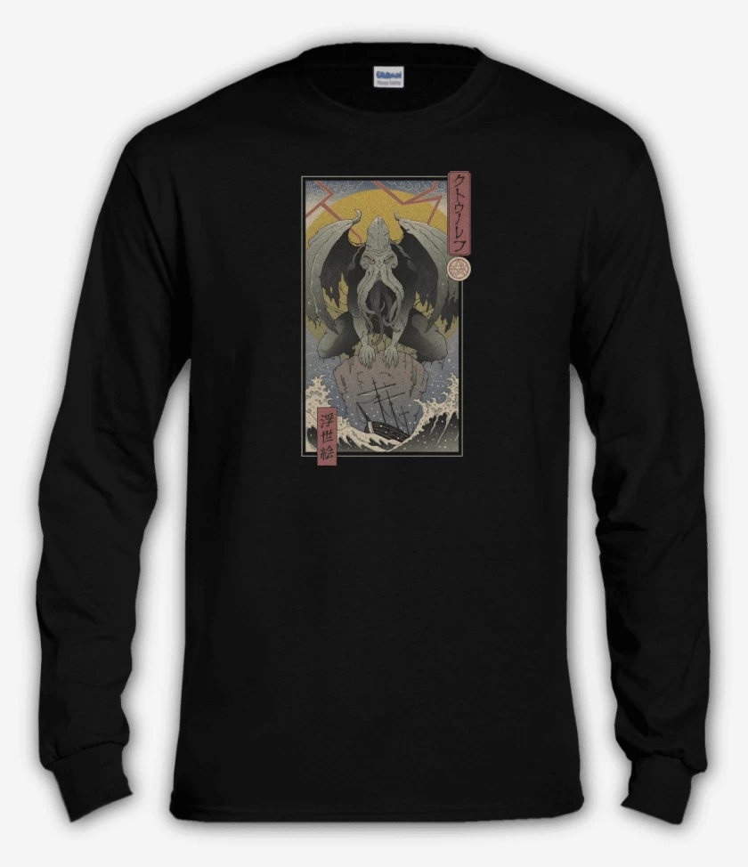 Polera manga larga Negro de Cthulhu Ukiyo-e