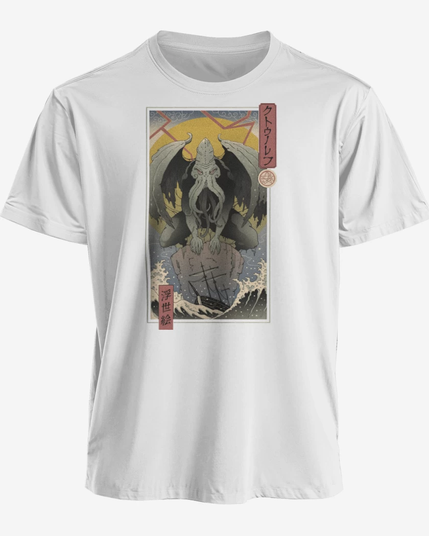 Polera premium Blanco de Cthulhu Ukiyo-e