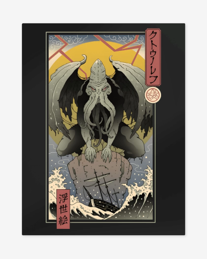 Print metalico Negro de Cthulhu Ukiyo-e