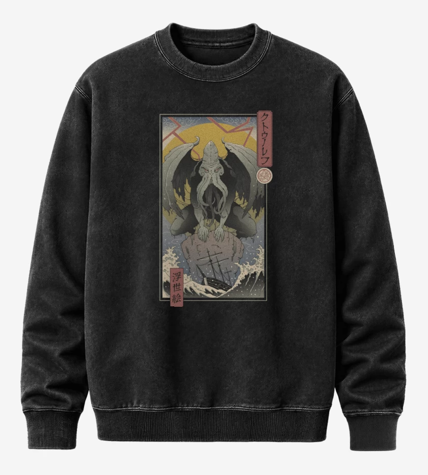 Poleron Polo Acid Wash Negro de Cthulhu Ukiyo-e