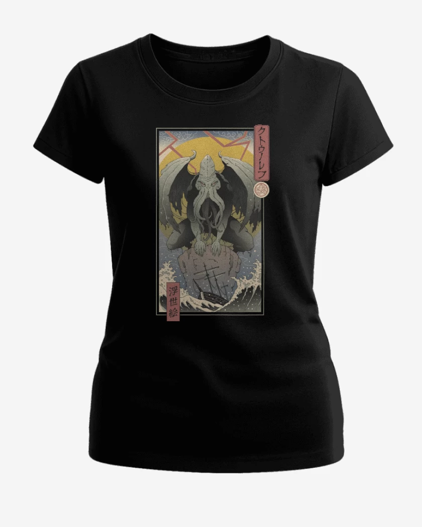Polera de Mujer Negro de Cthulhu Ukiyo-e