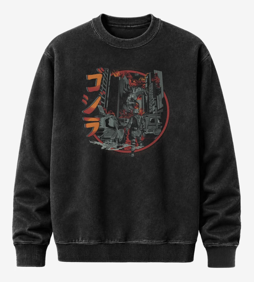 Poleron Polo Acid Wash Negro de Destrucción de Godzilla