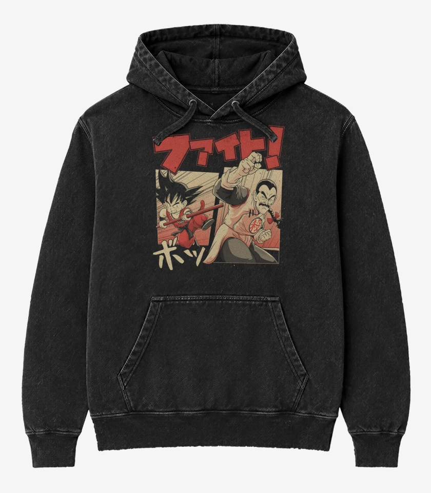 Poleron Canguro Acid Wash Negro de Goku vs Tao Pai Pai