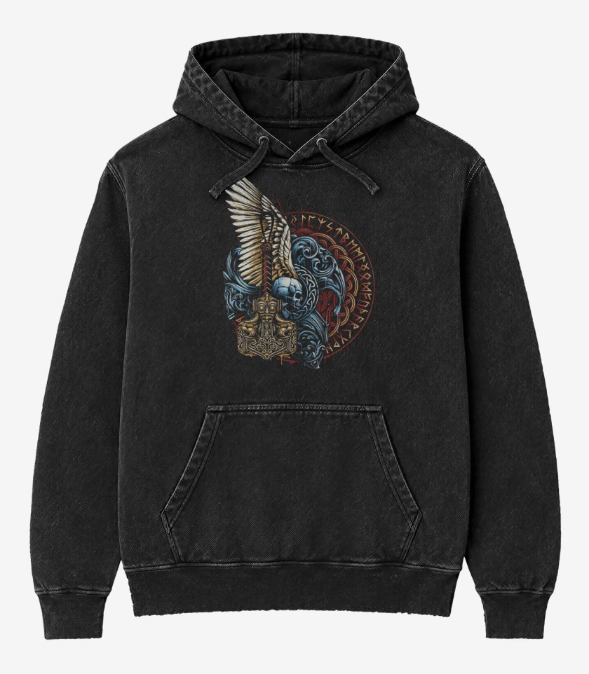 Poleron Canguro Acid Wash Negro de Thor Mjolnir