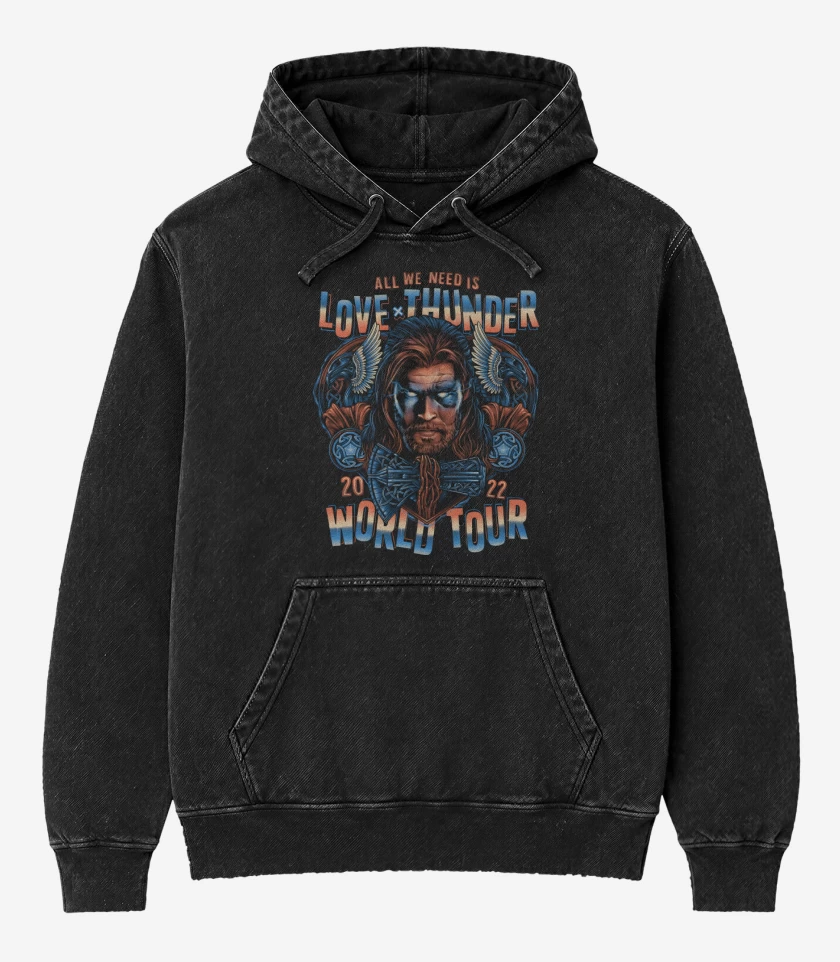 Poleron Canguro Acid Wash Negro de Emblema del Trueno