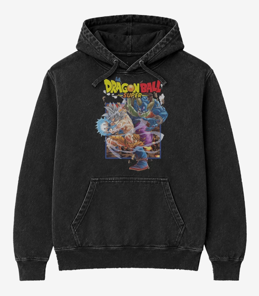 Poleron Canguro Acid Wash Negro de Goku vs Moro