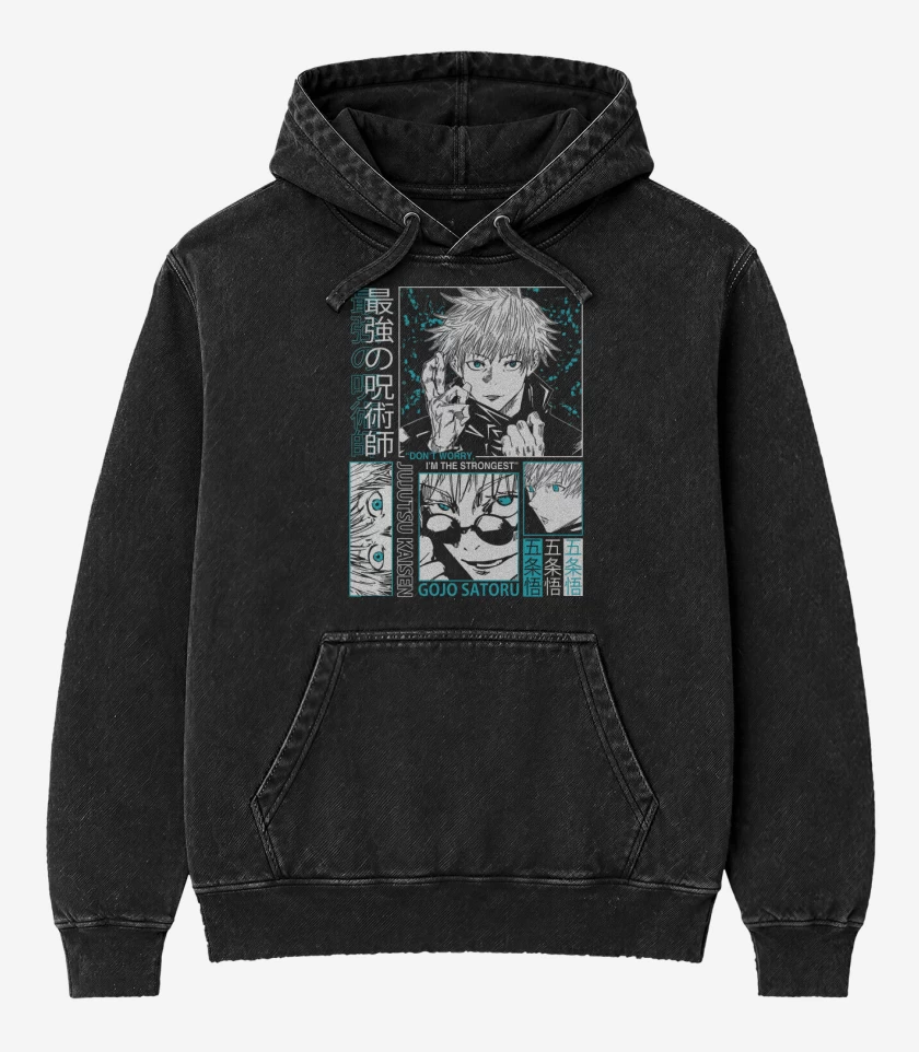 Poleron Canguro Acid Wash Negro de Satoru Gojo