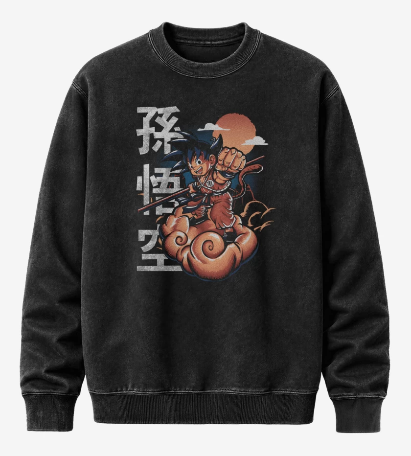 Poleron Polo Acid Wash Negro de Goku Nube Voladora