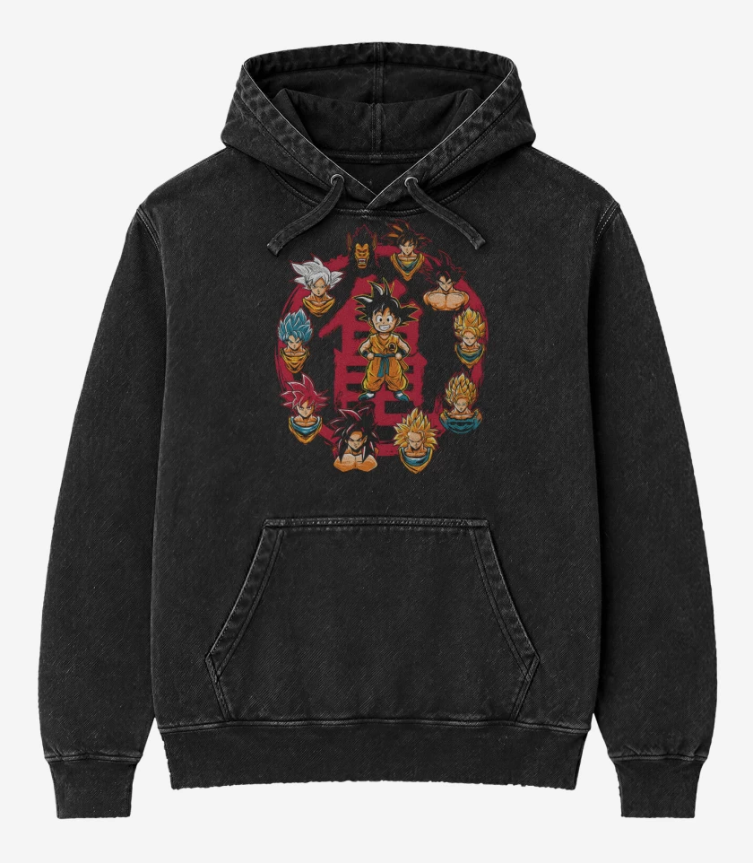 Poleron Canguro Acid Wash Negro de Goku Evolution