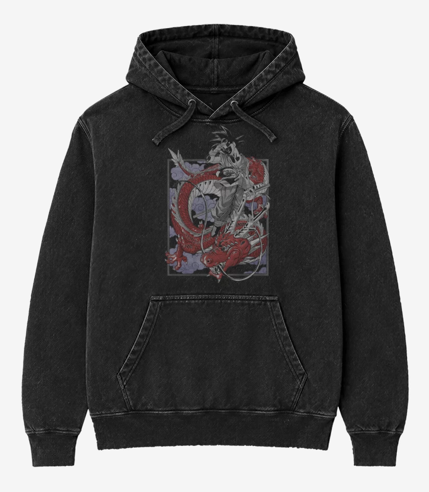 Poleron Canguro Acid Wash Negro de Goku Shen Long GT