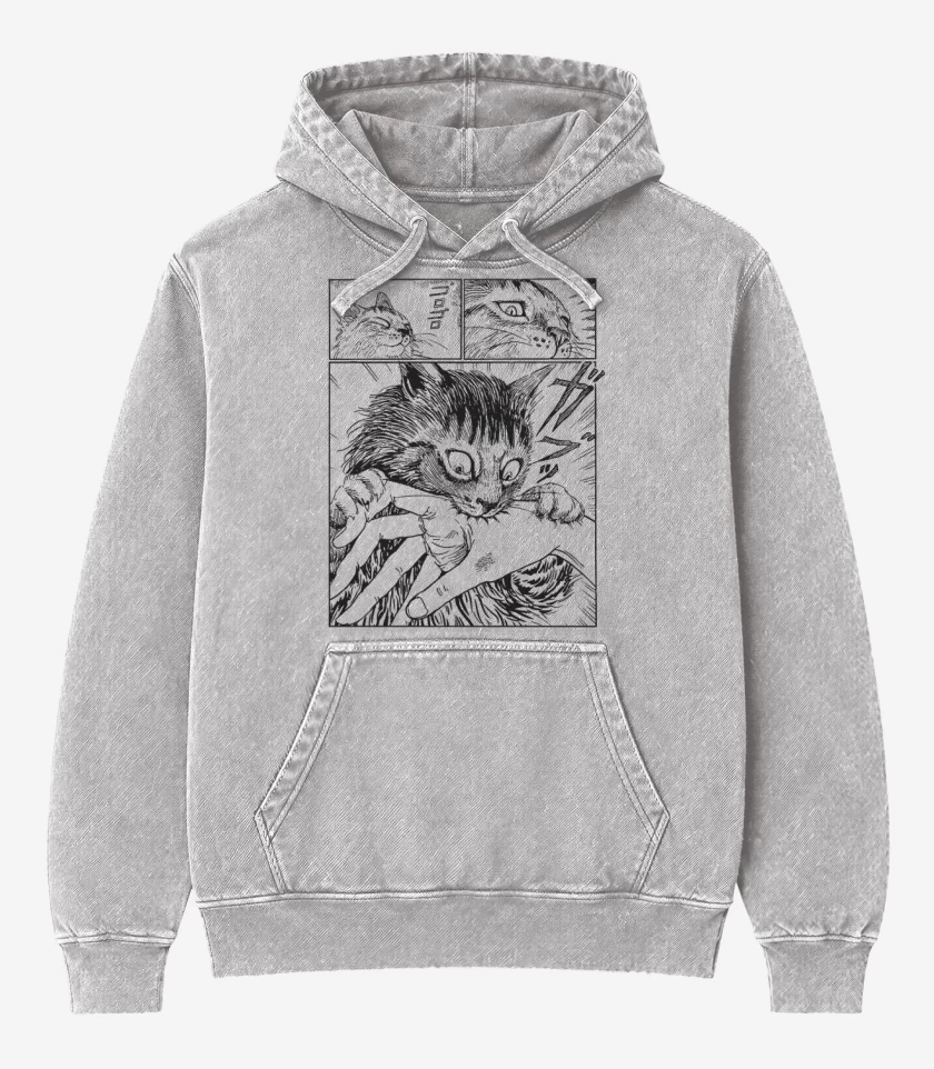 Poleron Canguro Acid Wash Gris Melange de Gato Junji Ito