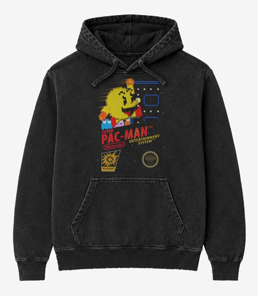 Poleron Canguro Acid Wash Negro de Pac Man portada