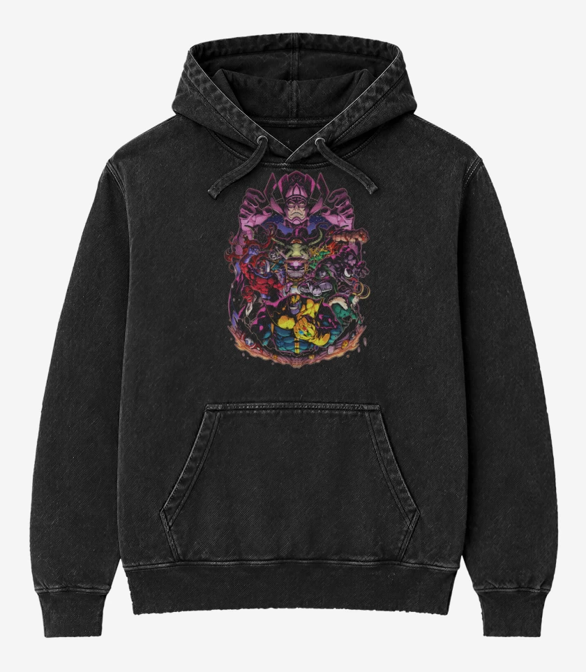 Poleron Canguro Acid Wash Negro de La Maldad de Marvel