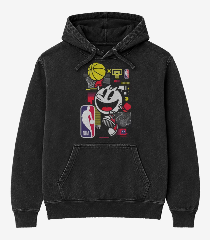 Poleron Canguro Acid Wash Negro de Pac man Nba
