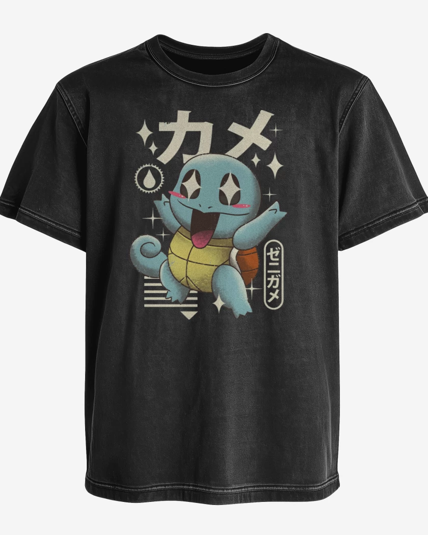Polera desgastada Negro de Squirtle Kawaii
