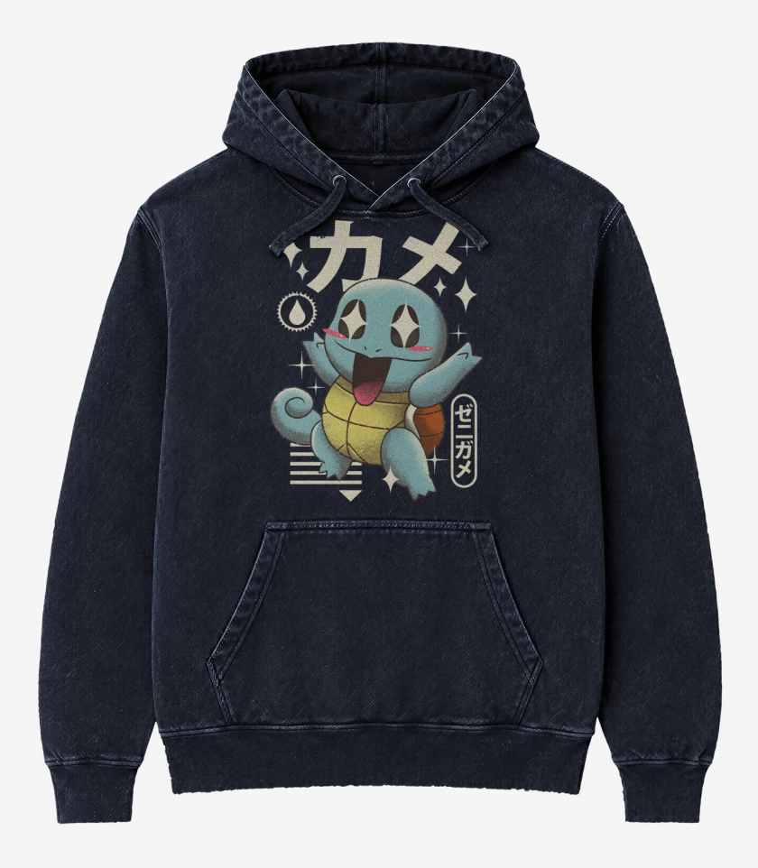 Poleron Canguro Acid Wash Azul Marino de Squirtle Kawaii