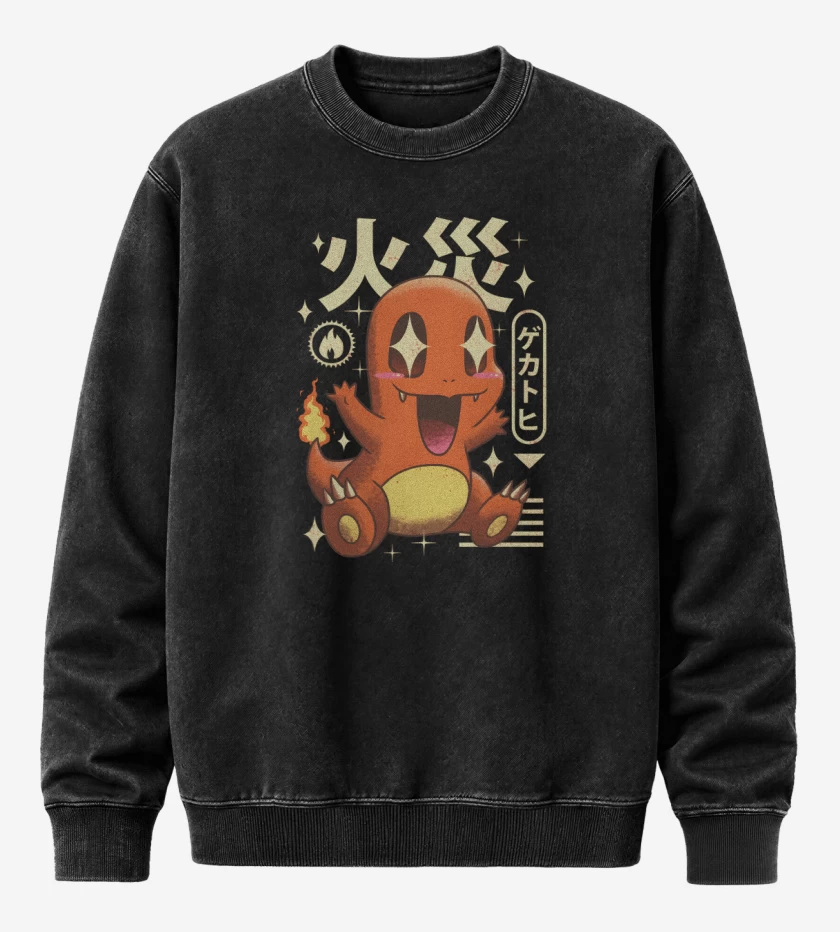 Poleron Polo Acid Wash Negro de Charmander Kawaii