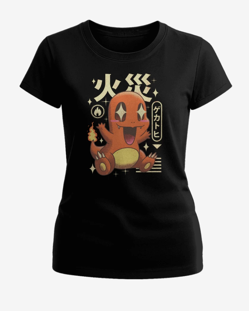 Polera de Mujer Negro de Charmander Kawaii