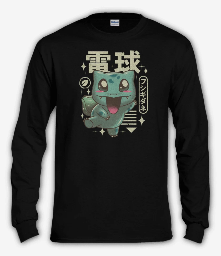 Polera manga larga Negro de Bulbasaur Kawaii