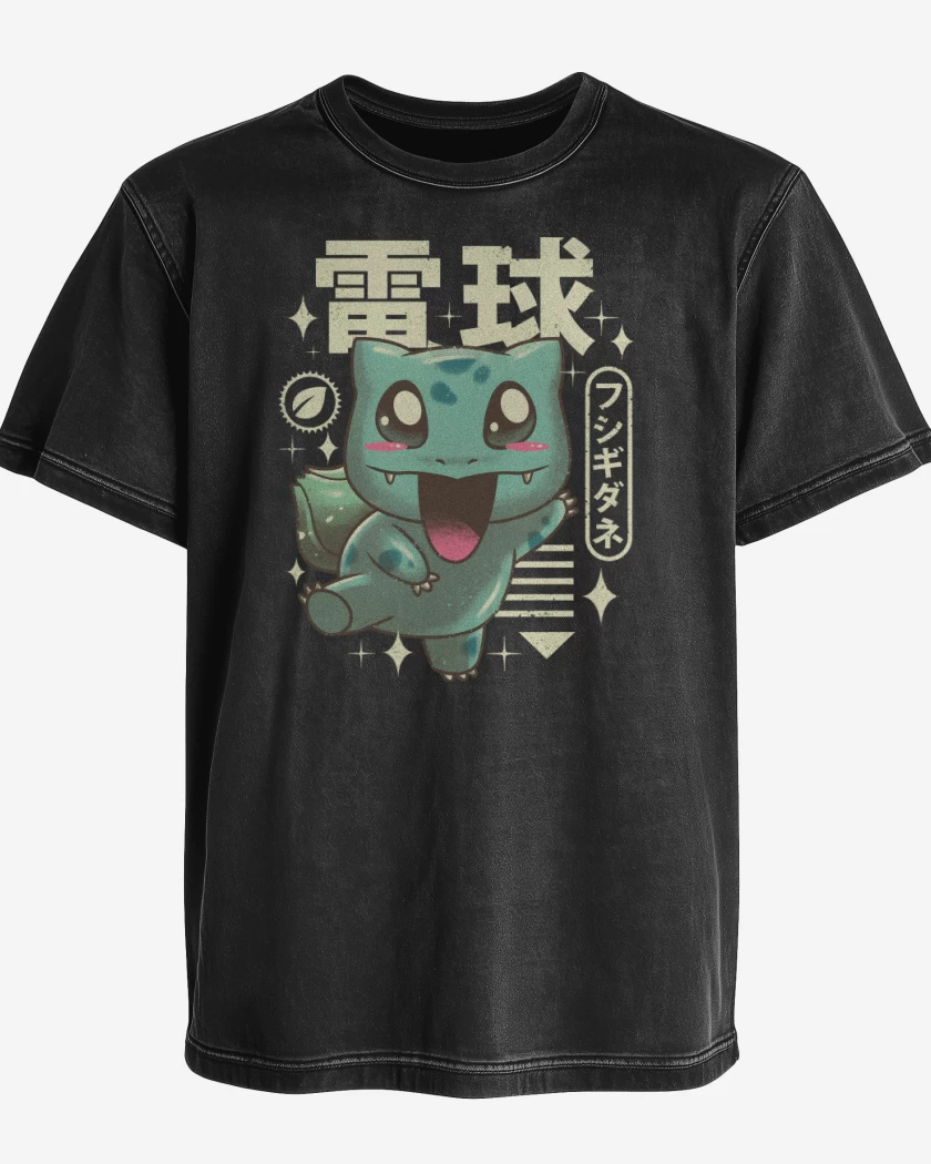 Polera desgastada Negro de Bulbasaur Kawaii