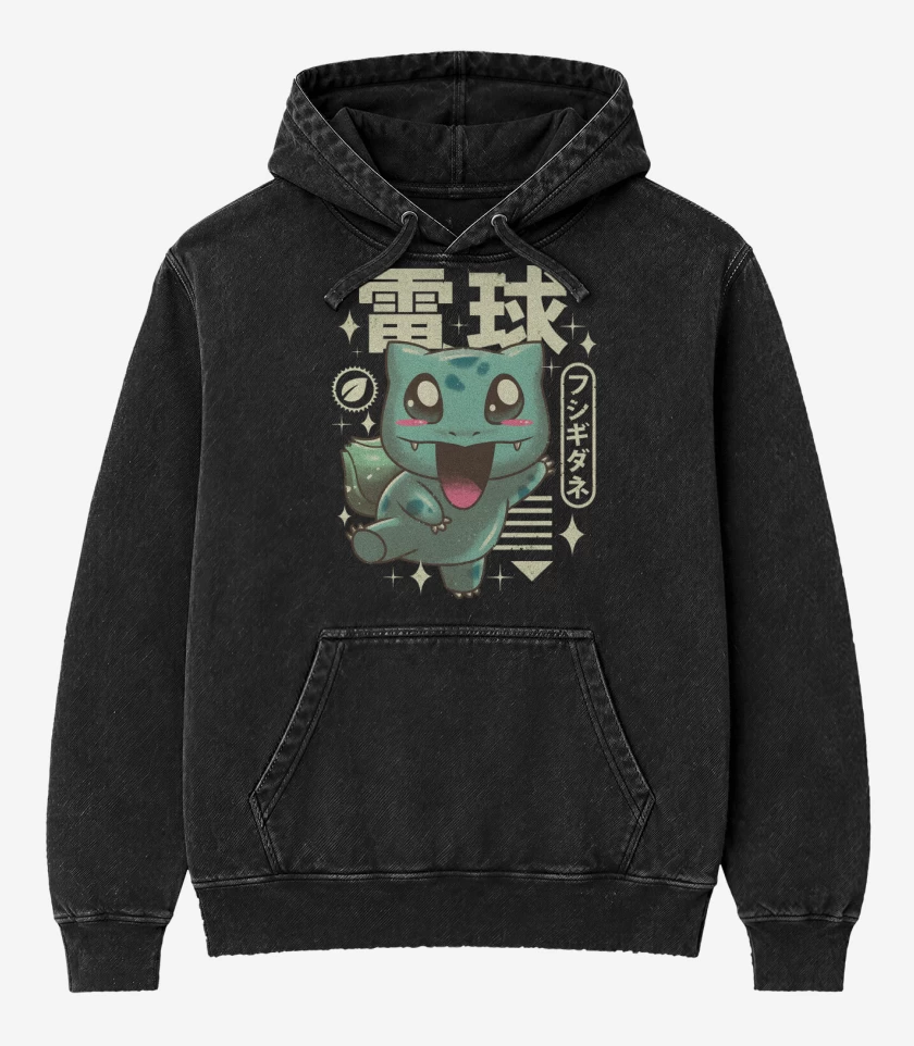 Poleron Canguro Acid Wash Negro de Bulbasaur Kawaii