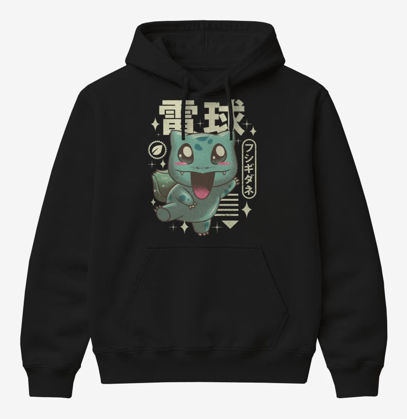 Poleron Canguro básico Negro de Bulbasaur Kawaii