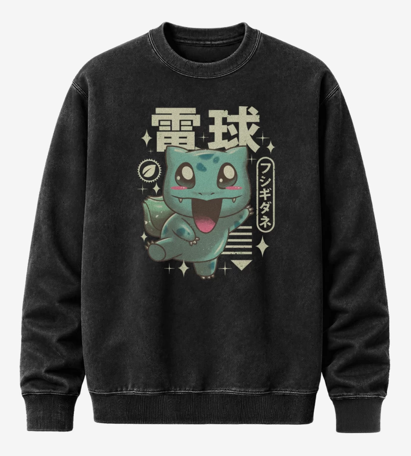 Poleron Polo Acid Wash Negro de Bulbasaur Kawaii