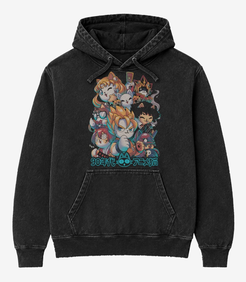 Poleron Canguro Acid Wash Negro de Neko Kawaii Anime