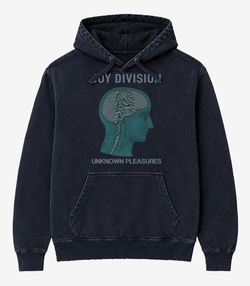 Poleron Canguro Acid Wash Azul Marino de Joy Division unknown pleasures