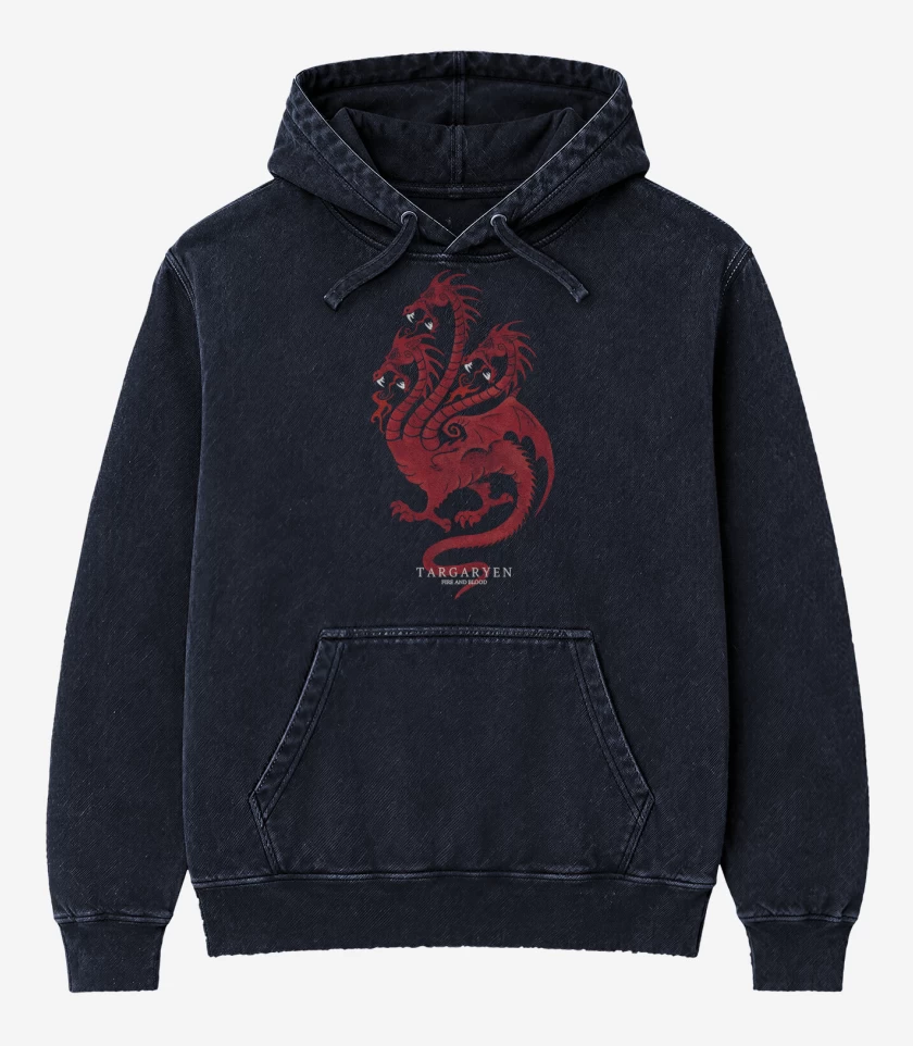 Poleron Canguro Acid Wash Azul Marino de Targaryen fire and blood