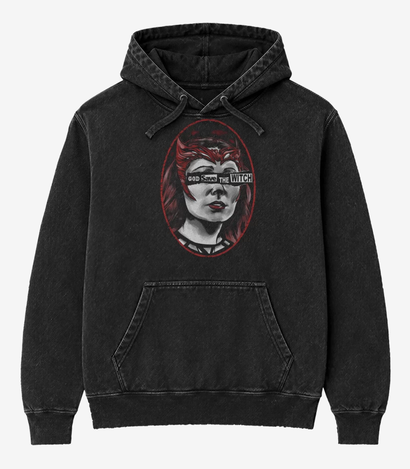 Poleron Canguro Acid Wash Negro de Dios Salve a la Bruja Escarlata
