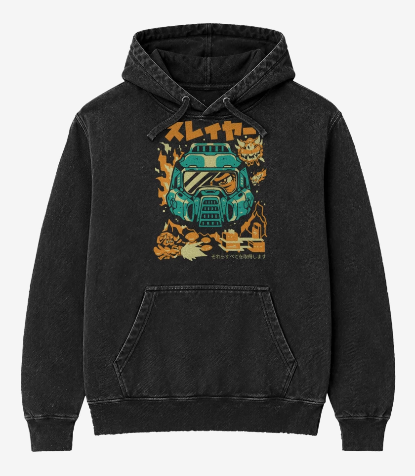Poleron Canguro Acid Wash Negro de Doomguy