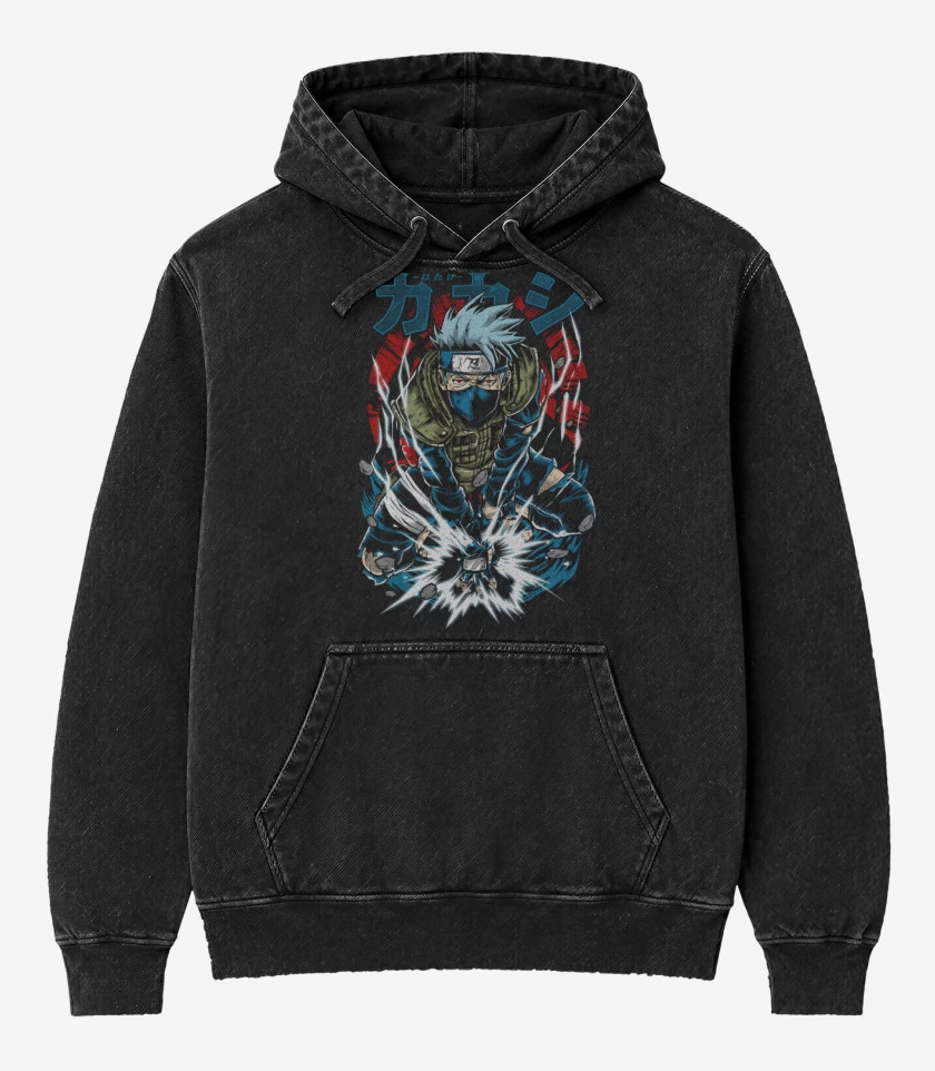 Poleron Canguro Acid Wash Negro de Kakashi Hatake