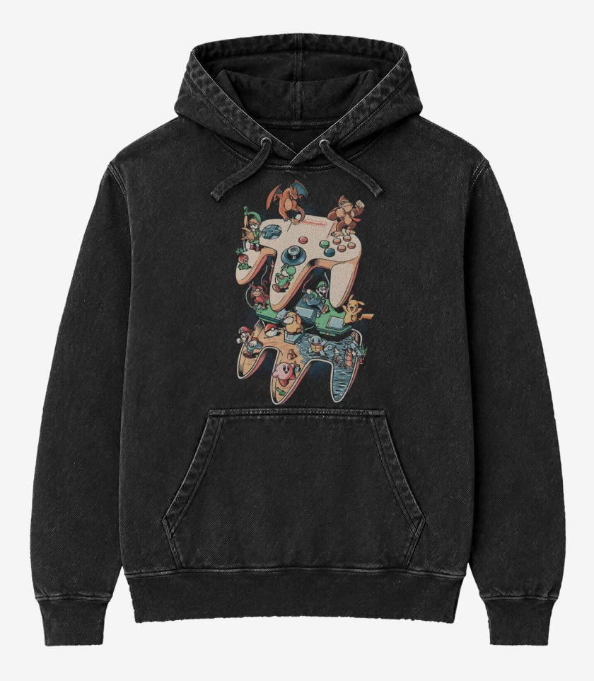 Poleron Canguro Acid Wash Negro de Nintendo 64