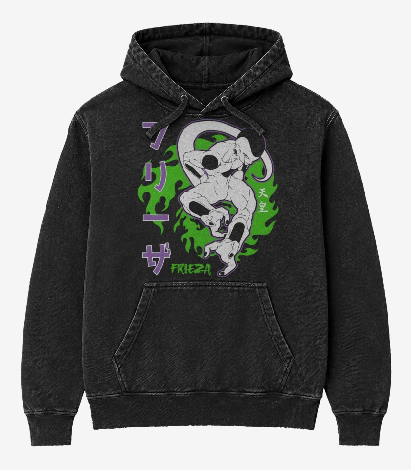 Poleron Canguro Acid Wash Negro de Frieza Over Power
