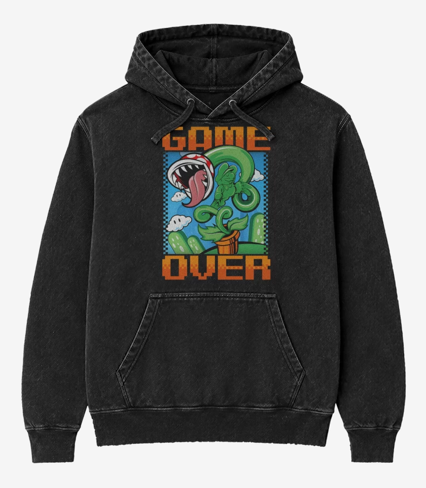 Poleron Canguro Acid Wash Negro de Game over Bigote