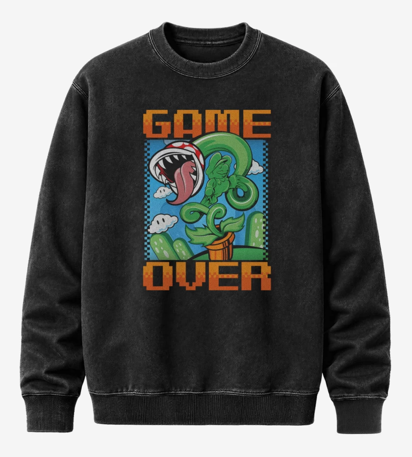 Poleron Polo Acid Wash Negro de Game over Bigote