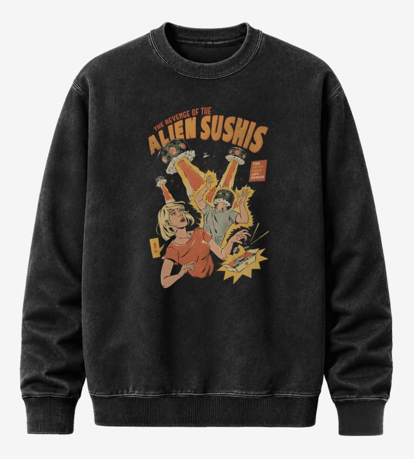 Poleron Polo Acid Wash Negro de Ataque de los Alien Sushis