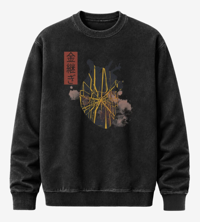 Poleron Polo Acid Wash Negro de Corazón Kintsugi