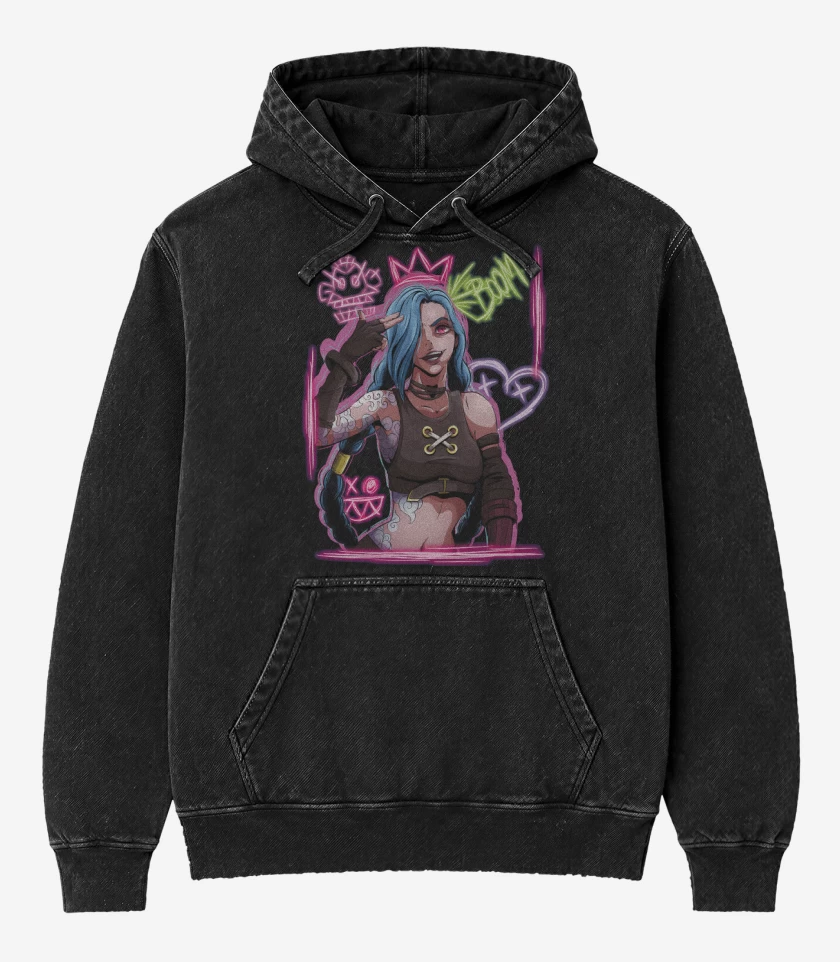 Poleron Canguro Acid Wash Negro de Jinx Arcane
